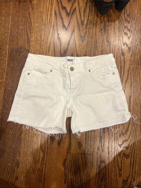 PAIGE White Frayed-Hem Denim Cutoff Shorts